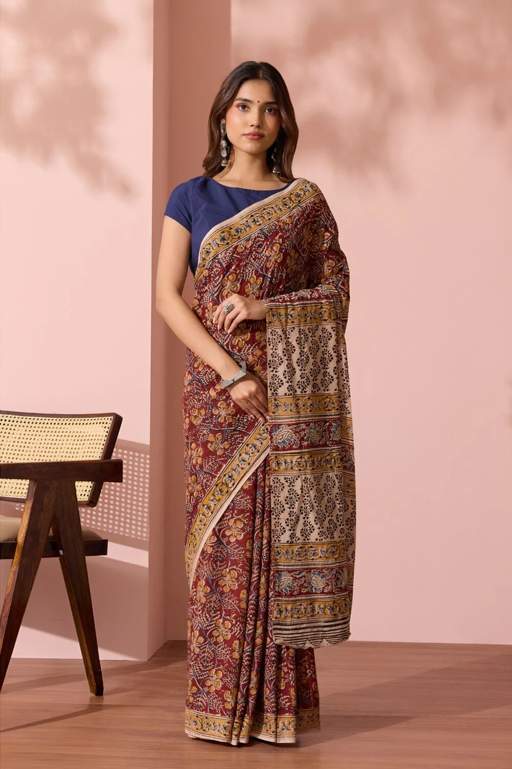 Red Block Printed Machilipatnam Pure Cotton Saree with Unstitched Blouse Piece